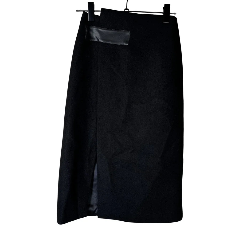 Commense Skirt‎ Womens XS Black Midi Slit Faux Leather Detail High Waist New